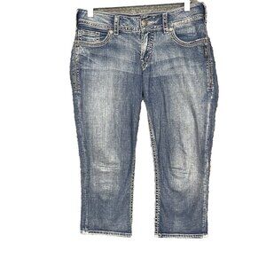 Silver Jeans Womens 28W Blue Suki Surplus Capri Embroidered Flap Pockets Stretch